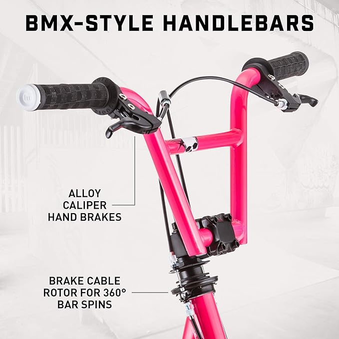 Mongoose Expo Kick Scooter, BMX-Style Handlebar & Brake Cable Rotor, Wide Foot Deck for Kids Youth Boys Girls Ages 6 and Up, Rear Axle Pegs, 12-Inch Air Tires, and Max. Weight of 175 lbs.