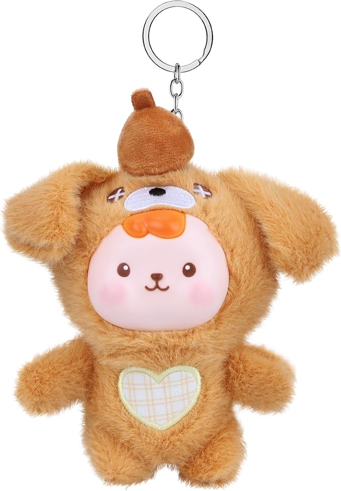 Plush Doll, Plush Figure Toys with Vinyl Face Mentl Keyring Heart Embroidery for Girls Boys Kid, Cute Brown Puppy Vinyl Plushies Gifts for Collectibles Keychain Bag Charm Home Decor Birthday Christmas