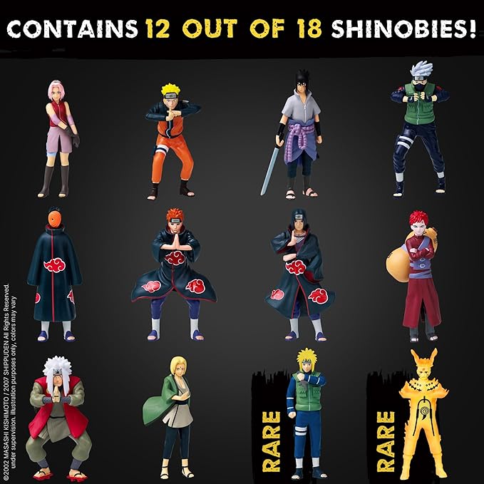 P.M.I. Naruto Shippuden Collectible Mini Figures 12 Pack Deluxe Box | Anime Toy Set Featuring Team 7 Ninjas, Akatsuki, Legendary Sannin & Hidden Rare Shinobi (Assortment A)