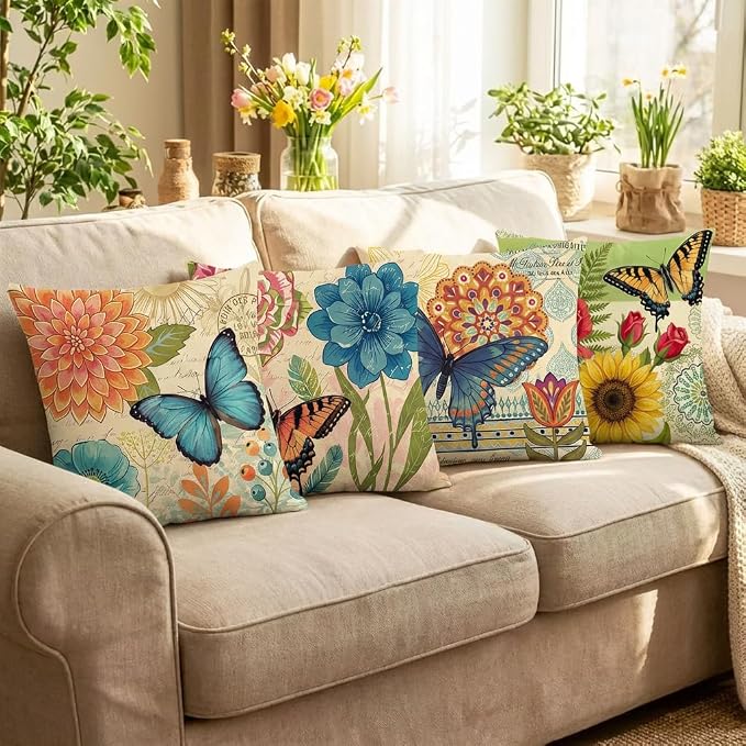 wyooxoo Spring Summer Pillow Covers 16x16 Set of 4 Farmhouse Throw Pillow Covers Linen Flower Butterfly Decorative Pillowcases for Sofa Couch Living Room Outdoor