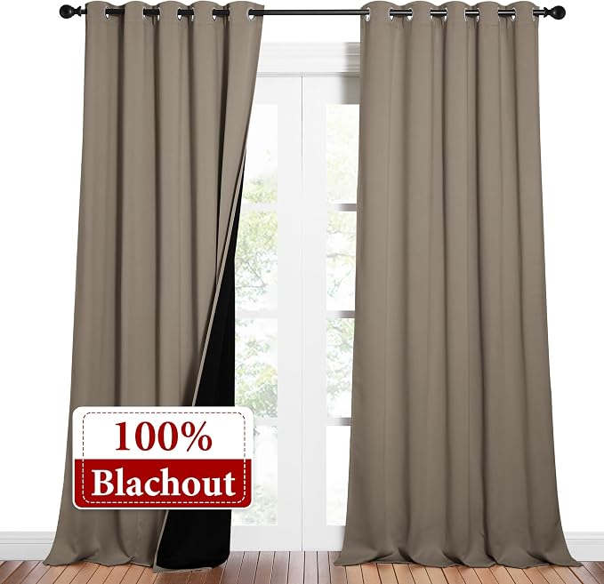 NICETOWN Total Shade Curtains and Draperies, Heavy-Duty Full Light Shading Drapes with Black Liner Backing for Villa/Hall/Dorm Window（Taupe, Package of 2 Panels, 62 inches Wide x 95 inches Long
