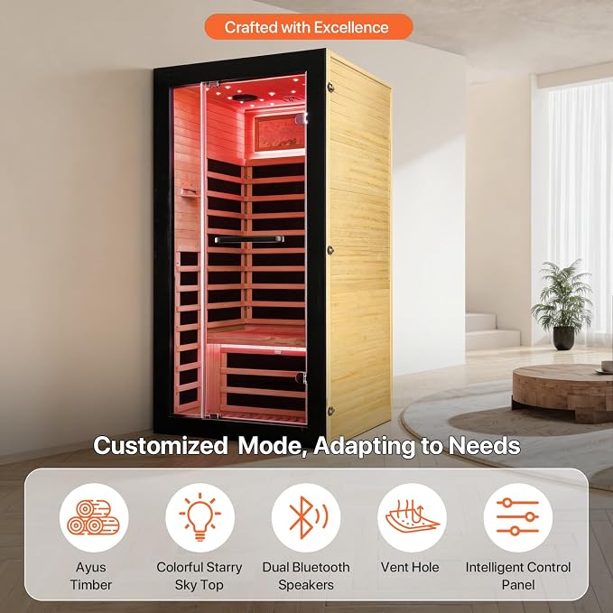 OUTEXER One Person Sauna Far Infrared Saunas Room Obeche Wood 1350W Dry Saunas Spa with 7 Starry Sky Light 35.4 * 35.4 * 70.8inch