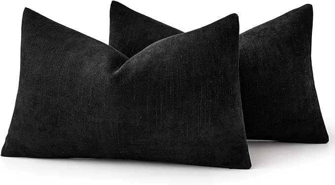 MIULEE 12x20 Inch Lumbar Textured Chenille Throw Pillow Covers Black | Pack of 2 Decorative Soft Throw Pillows, Solid Textured Cushion Covers, Modern Home Decor for Couch Sofa Bedroom Living Room