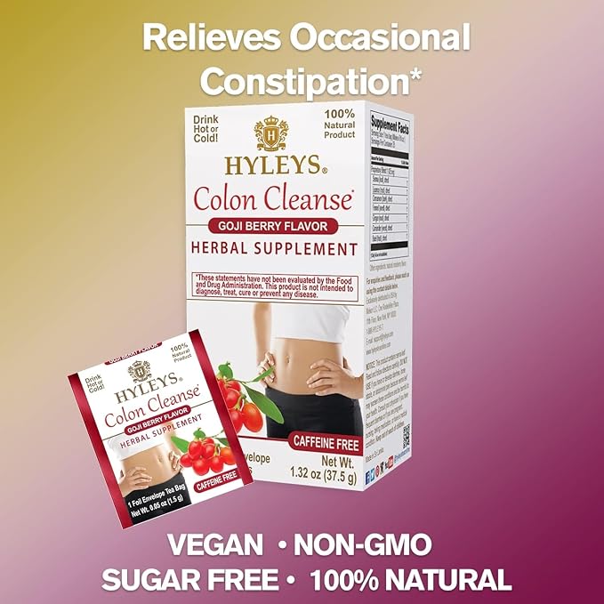 HYLEYS Colon Cleanse Tea, Goji Berry Flavor - 150 Individually Wrapped Herbal Tea Bags (6 Pack of 25) - Caffeine Free, Plant Based