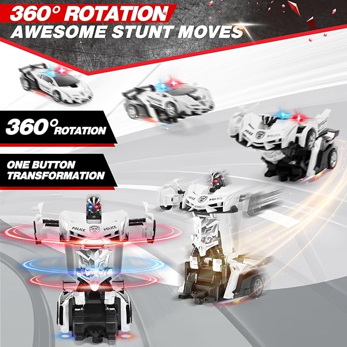 2.4G Remote Control Transformer Car, Rechargeable RC Police Car Toy with Flashing Lights, Convertible Robot & Vehicle, Gift for Kids,Police Transformer Cars for Boys 4-6 7 8-12 (Black/White)
