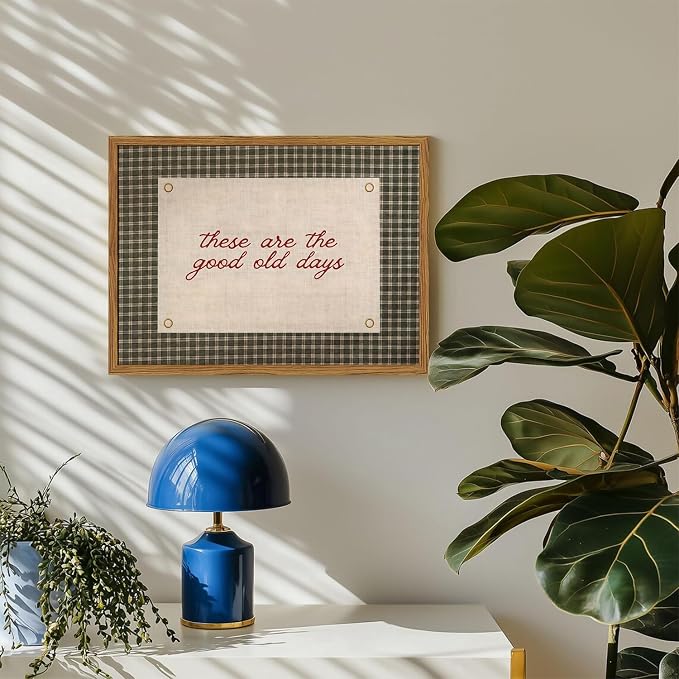 Framed These Are The Good Old Days Wall Art, Vintage Family Inspirational Quote Pictures Wall Decor, Retro Green Gingham Paintings Prints Motivational Home Decor for Living Room Bedroom 12x16 inch