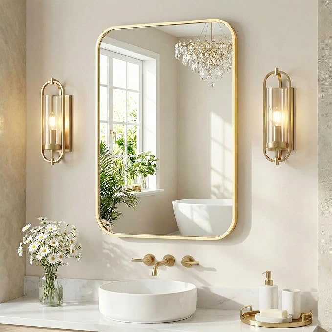 Sweetcrispy Bathroom Mirror for Over Sink, 26x38 Inch Wall Mount Mirror with a Rounded Rectangle and Matte Metal Frame, Modern Wall Vanity Mirrors for Home Decor, Living Room, Bedroom, Gold