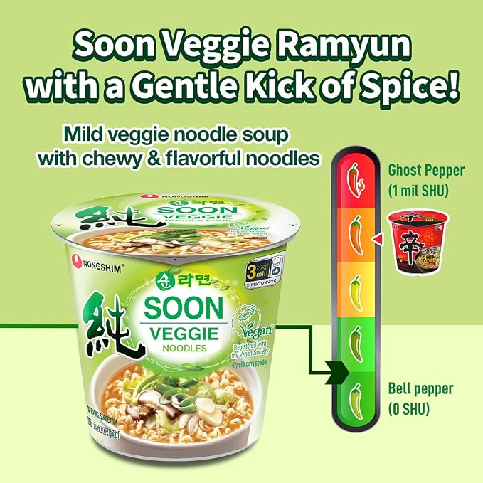 Nongshim Soon Veggie Ramyun Noodles, Signature Korean Instant Ramyun, Vegetable Flavored Broth, Vegan Noodles, Quick & Easy, Microwaveable Cup, 2.64 oz (Pack of 6)