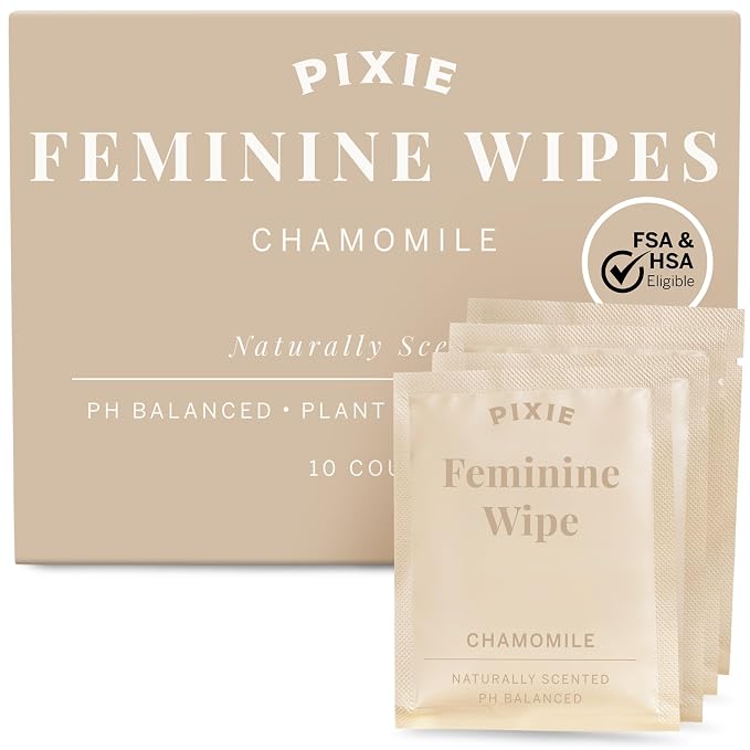 Pixie Menstrual Cup Wipes - Chamomile Scented, Flushable, Biodegradable & pH Balanced - Best Individually Wrapped Wipes for On-The-Go & Public Bathrooms - Wash & Cleaner for Cups & Discs (10 Count)
