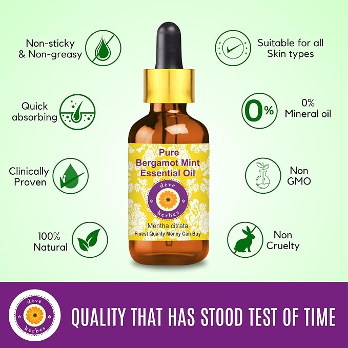 Deve Herbes Pure Bergamot Mint Essential Oil (Mentha citrata) with Glass Dropper Steam Distilled 50ml (1.69 oz)