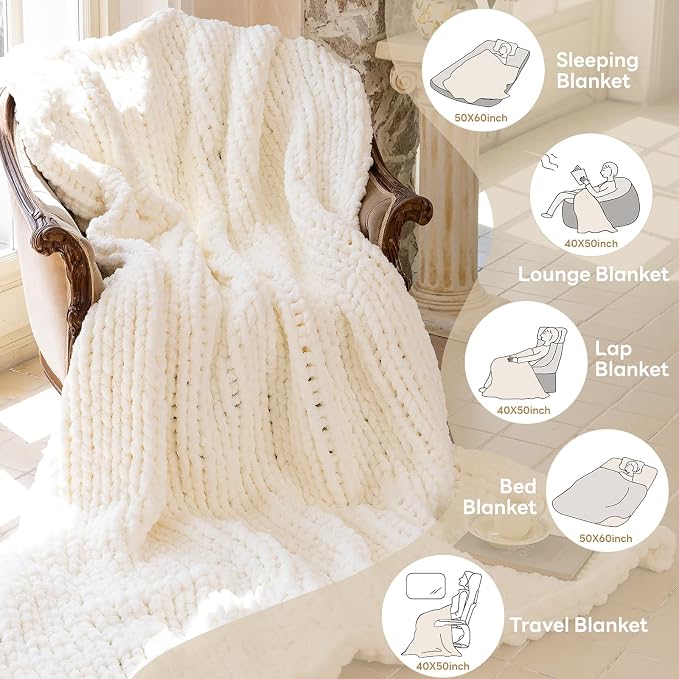 Chunky Knit Blanket - Luxury Soft Cozy 80 * 90 Throw Blanket,100% Woven Blanket Rope Knot Throw Blanket for Couch, Sofa, Home Decor, Gift - Machine Washable (Ivory White, 80 * 90)