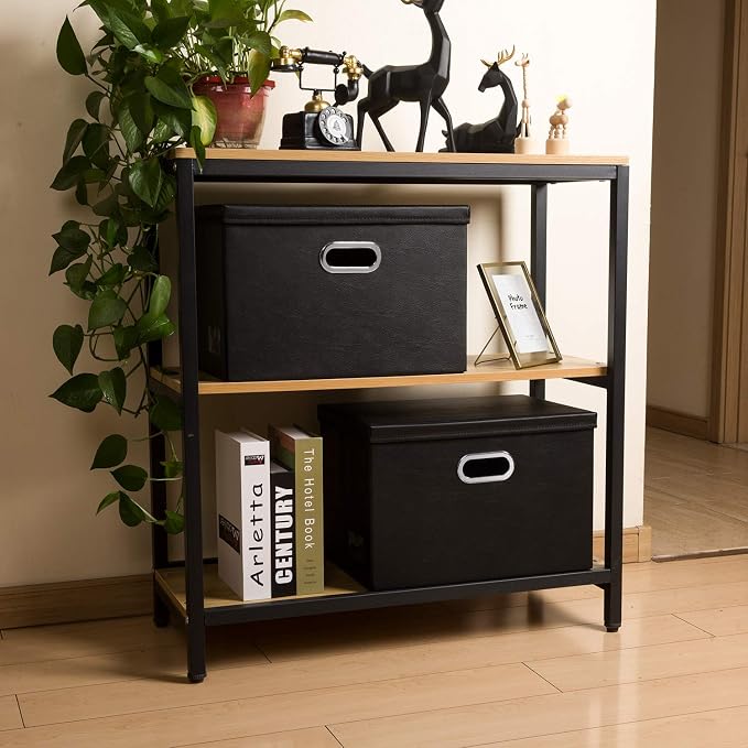 Large Foldable Storage Bins with Lids [3-Pack] Leather Fabric Collapsible Storage Boxes Organizer Containers Baskets Cube with Cover for Home Bedroom Closet Office Black(17.7x11.8x11.8)