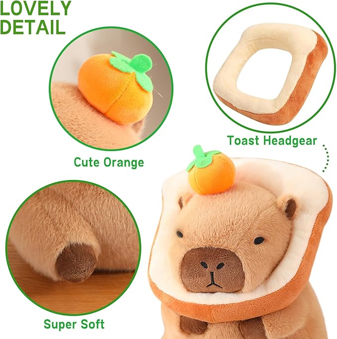 Ditucu Cute Orange Capybara Plush Pillow with Wearable Toast Headgear Stuffed Animal Bread Capibara Plushies Toys Gifts for Kids Brown 11 inch