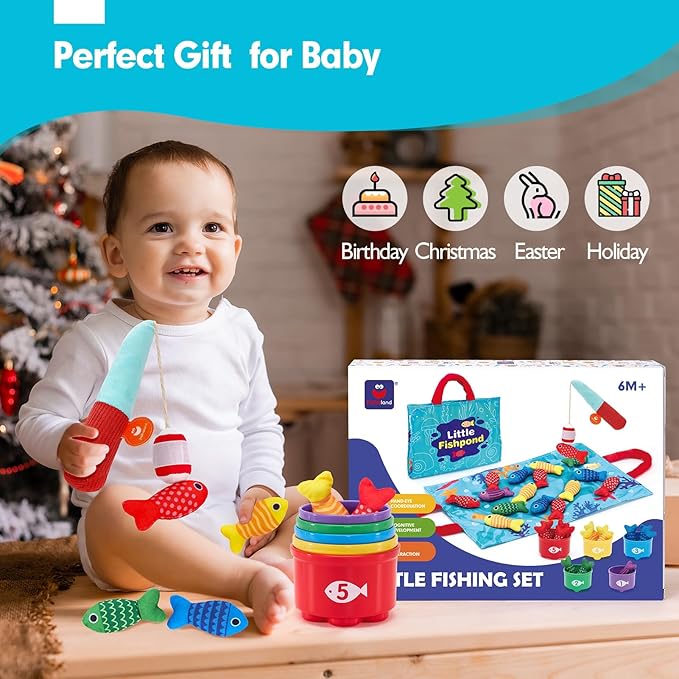 hahaland Montessori Toys for 1 Year Old Boy Girl Birthday Gift - 10 in 1 Cloth Fishing Game Valentines Day Gifts for Toddler Toys 1-3 with Stacking Cups - Number Counting, Color Sorting Learning