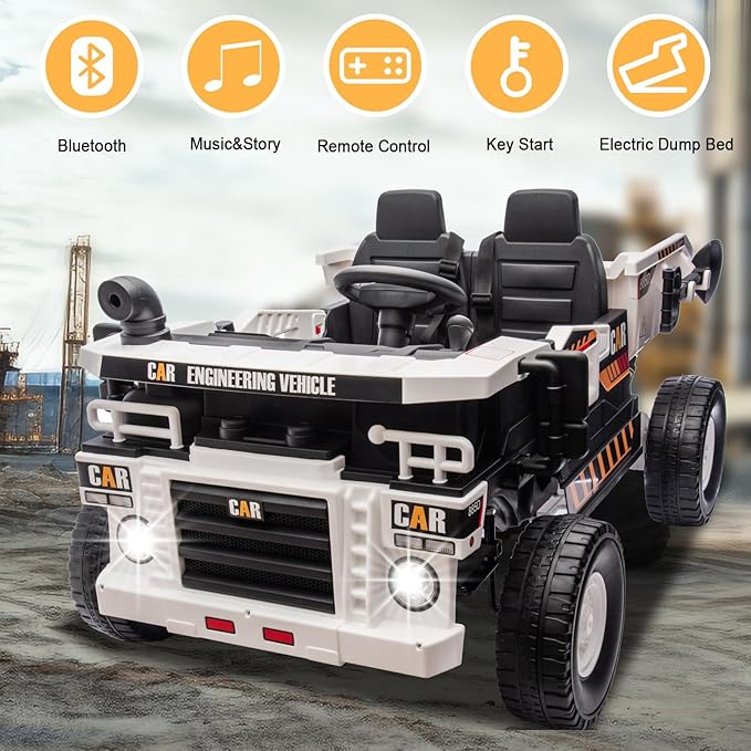 POSTACK 24V 8Ah Ride on Dump Truck with Electric Dump Bed, Ride on Construction Vehicle 4WD Kids Electric Car with Remote Control and Extra Shovel,4x70W Powerful Motors, White