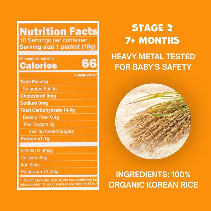 BARI Organic Baby Rice Porridge – Stage 2 – For Babies 7+ Months | USDA Organic, Heavy Metal Tested, Korean Rice Cereal, No Added Sugar, Gluten-Free | 6.3 oz (10 Packets)