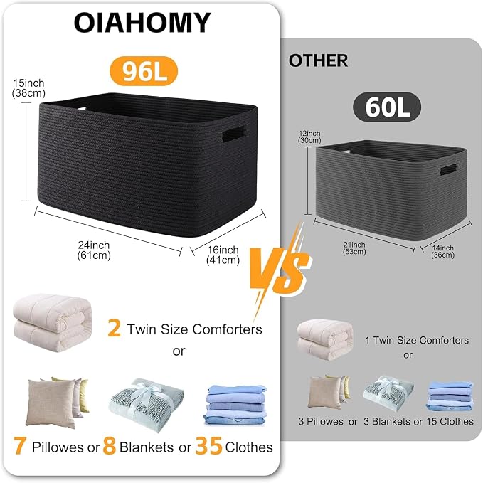 OIAHOMY XXLarge Rectangle Blanket Basket-96L, Cotton Woven Basket for Storage, Dirty Clothes Baskets for Living Room, Nursery, Bedroom, Toy Organizing with Handle, 24" x 16" x 15", Charcoal Black