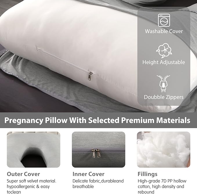 Elover Cooling Pregnancy Pillows for Sleeping,U Shaped Full Body Pillow with Removable Cover,Pregnant Women Must Haves,Maternity Essential,Light Grey