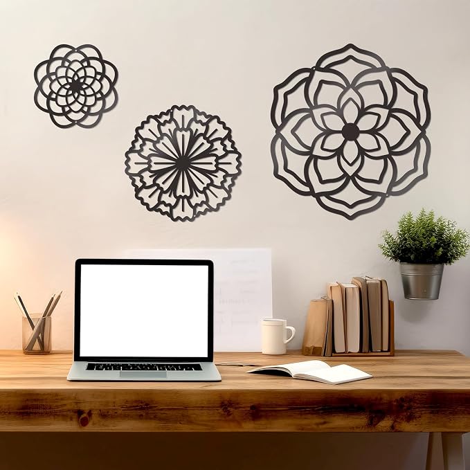 Zzbakress 3 Pcs Metal Flowers Wall Decor Black Wall Decoration Metal Flower Art Farmhouse Wall Decor Multiple Flowers Hanging Decor for Bathroom Living Room Kitchen Garden Office (Black Retro) | Farmhouse Flower Bathroom Decor Wall Decorations For Bath...