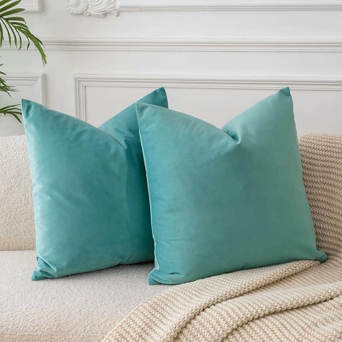 Throw Pillow Covers Set of 2 Velvet Cushion Covers 14x14,Teal Green | Decorative Pillow Covers with Invisible Zipper for Couch Sofa Bed Living Room Bedroom Home Decor