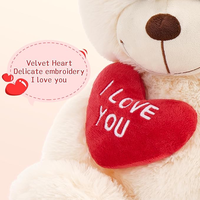 12" Teddy Bear with Heart, Cute Cream Teddy Bear Stuffed Animals for Valentines Soft Bear Plushie Toy Stuffed Bear Plush Gifts for Girlfriend Kid, Christmas