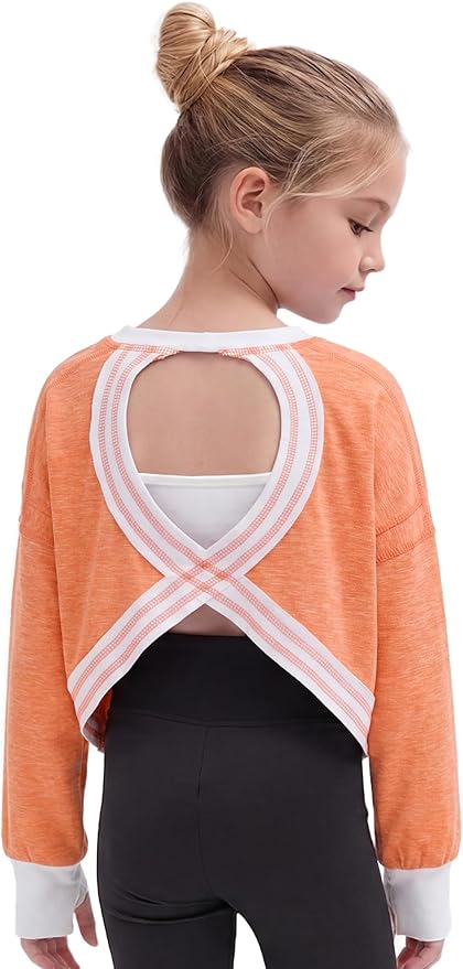 Gogokids Girls Shirts Long Sleeve Athletic Shirts Open Back Tops Active Sports Tshirts Yoga Workout Crop Tees 5-14 Years