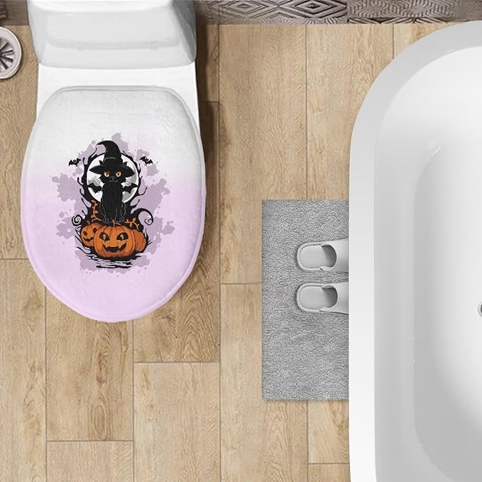 Halloween Cat Toilet Seat Cover, Fits Most Most Round, Elongated and Oblong Lid, Bathroom Accessories Elastic Band at the Bottom Toilet Lid Cover