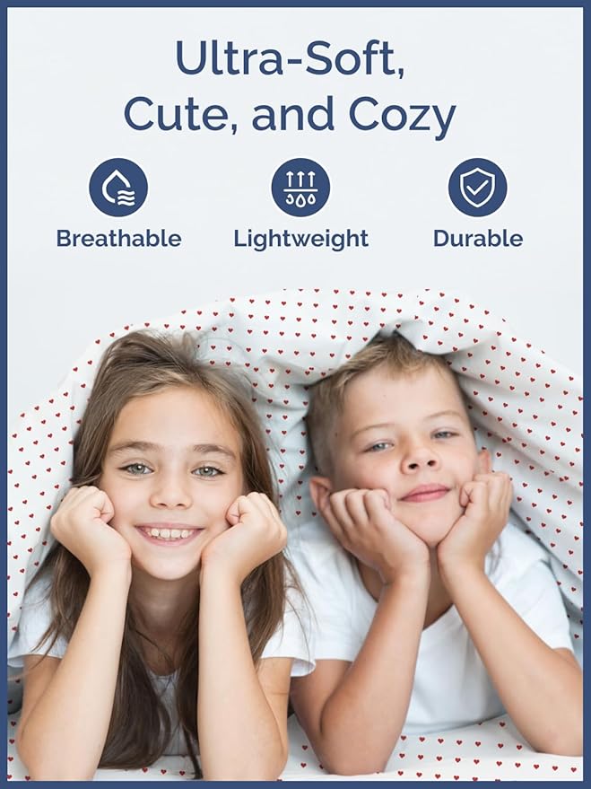 Kids Queen Size Bed Sheet Set - 4 Piece Kids Loft Bed Sheets - Soft, Cute and Cozy - Comfy, Breathable and Machine Washable - Easy-Care & Wrinkle Free Hearts Bed Set for Boys, Girls, Teens & Toddlers