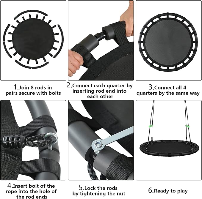 Tree Swing with PP Mat - Durable, Safe, and Easy to Install,Black Outdoor Saucer Swing,Flying Saucer Circle Swing for Yard Garden Playground Park (40 inches Diameter+Extra Straps)