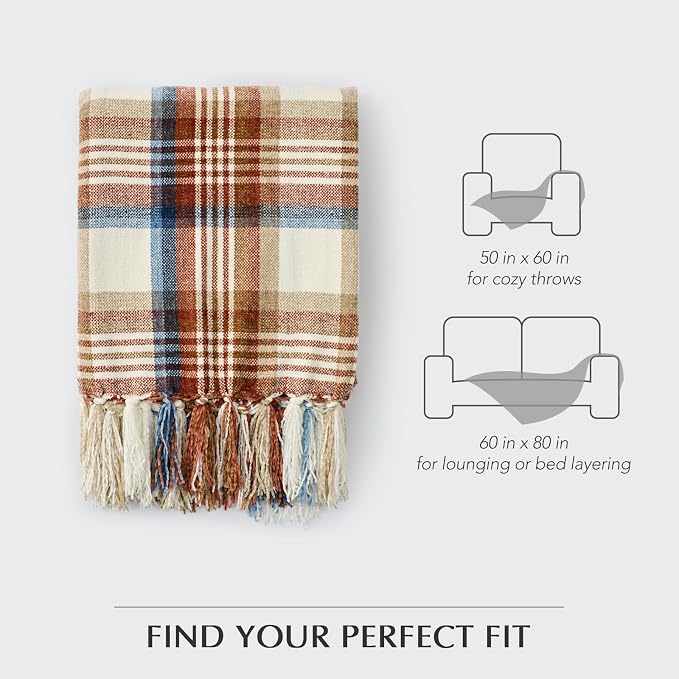 Plaid Chenille Fall Throw Blanket, 50"x60", Harvest Plaid | Super Soft Knit Throw with Tassels, Cozy, Decorative Rustic Farmhouse Decor for Autumn, Ideal for Couch Bed Sofa Gift