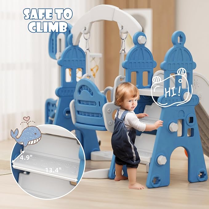 XJD 6-in-1 Toddler Slide and Swing Set, Kids Slide for Toddlers Age 1+, Toddler Outdoor Playset with Basketball Hoop, Football Frame, Swing, Outdoor Indoor Playground for Toddlers 1-3 (Blue)