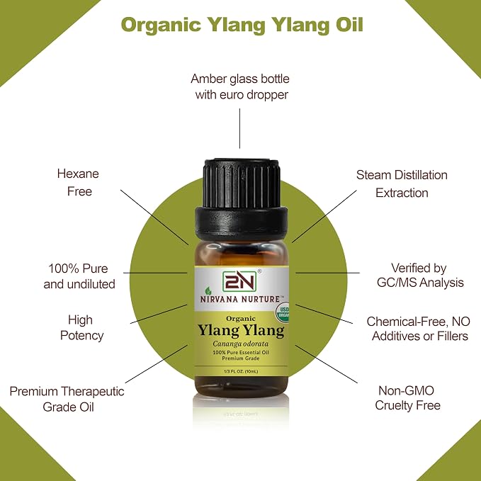 Ylang Ylang Essential Oil, USDA Certified Organic, 100% Pure Undiluted, Aromatherapy Oil for Diffuser, Hair & Skin Care