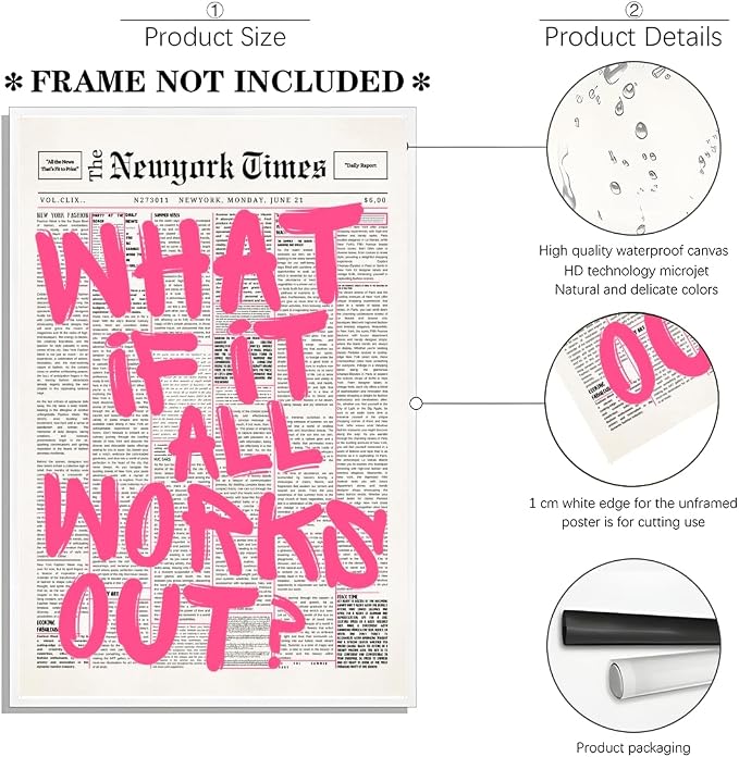 LEKDRA What If It All Works Out Poster Retro Newspaper Pink Wall Art Positive Affirmation Quote Minimalist Canvas Painting Prints Wall Decor Aesthetic for Home Bedroom Office 16x24inch Unframed