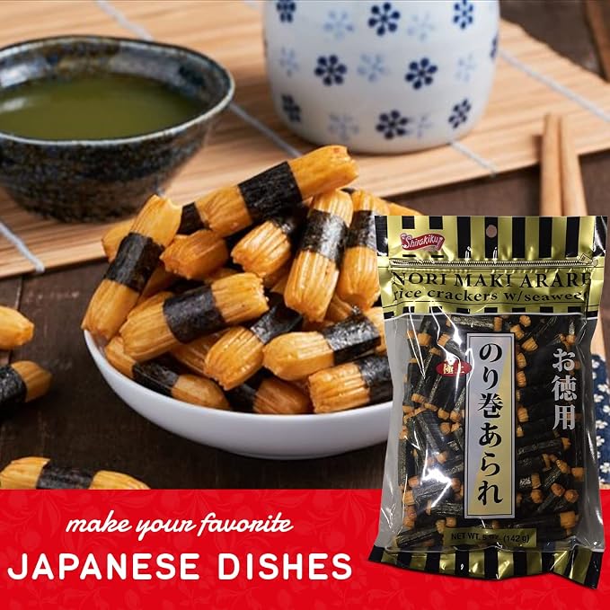 Shirakiku Japanese Nori Maki Arare Rice Crackers with | Glutinous Rice, Soy Sauce, Wheat, and Seaweed | Crispy and Savory Cracker Snacks, Seaweed Flavor, Pack of 2-5oz Each (Total 10oz)