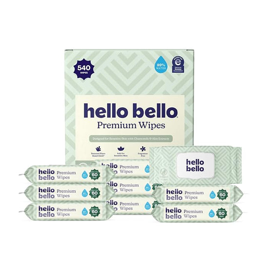 Hello Bello Premium Wipes, Designed for Sensitive Skin with Chamomile & Aloe Extracts, Simply Sage (9 Resealable Packets = 540 Total Wipes)