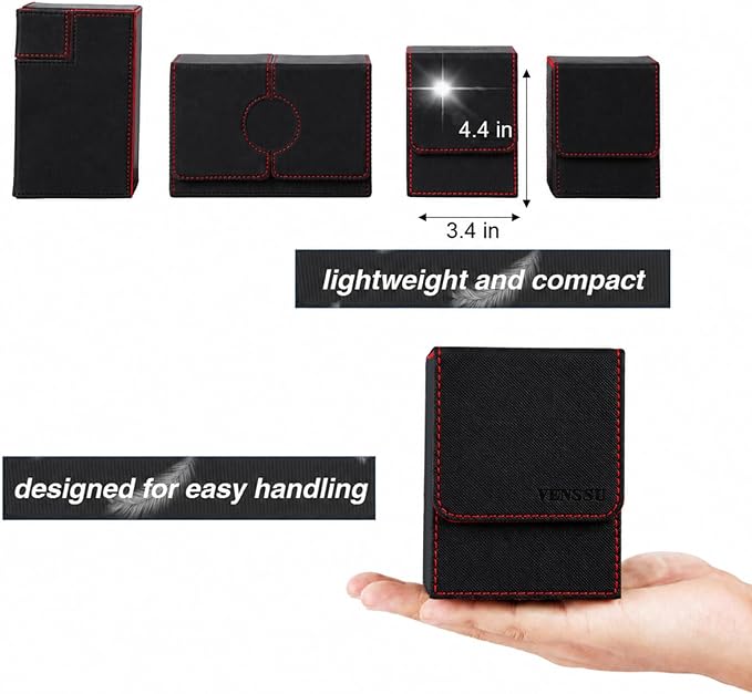 Venssu MTG Deck Box for Commander Display,Card Deck Box Fits 100 Double Sleeved Cards, TCG Card Storage with 2 Dividers and 1 Toploader (Black＆Red)
