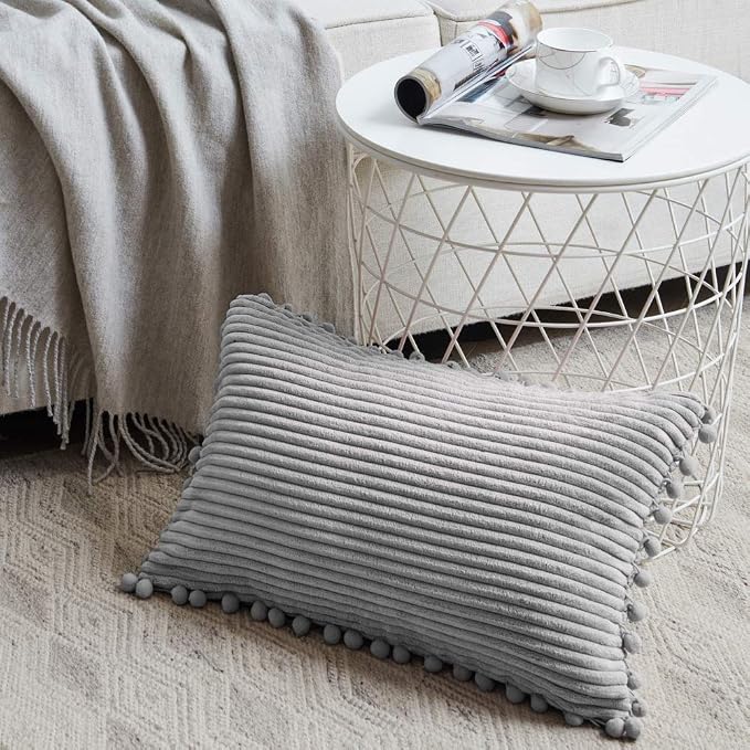 Fancy Homi Pack of 2 Boho Grey Lumbar Decorative Throw Pillow Covers with Pom-poms, Soft Corduroy Solid Rectangle Cushion Cases Set for Couch Sofa Bedroom Car Living Room (12x20 Inch/30x50 cm, Gray)
