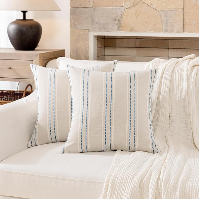 Hckot Striped Throw Pillow Covers 16x16 Set of 2 Lake Blue Pillow Covers | Farmhouse Decorative Pillows Textured Linen Square Cushion Covers for Sofa Couch Bed Living Room Decor(Lake Blue)