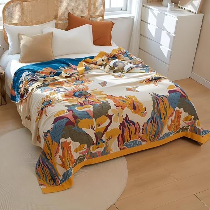 Boho Throw Blanket for Bed 100% Cotton Bohemian Blankets Ultra Soft Woven Muslin Decorative Blankets All Seasons Vintage Quilt Knitted Blanket for Sofa Chair(Yellow, 50"x60")