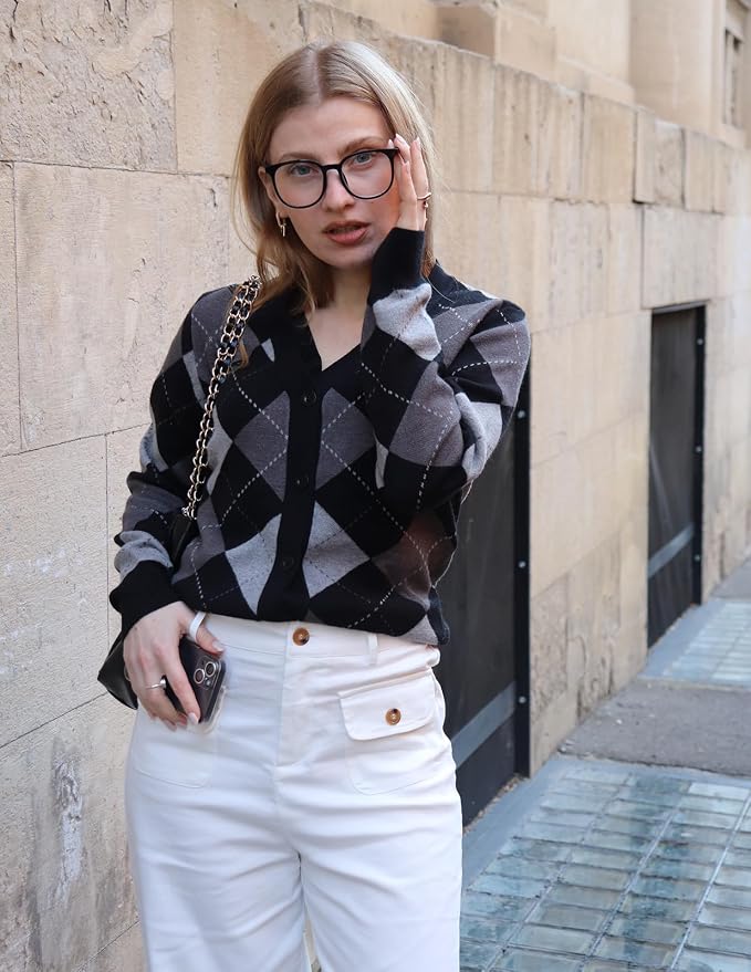 GRACE KARIN Womens Cardigan Sweater Fall Fashion Argyle Sweater Button Up Cardigan Teacher Outfits Preppy Clothes