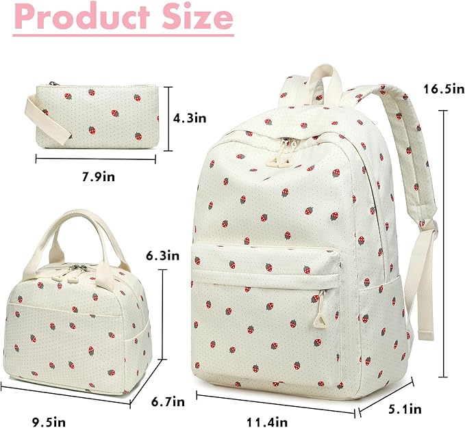 Bluboon Teen Girls School Backpack Kids Bookbag Set with Lunch Box Pencil Case Travel Laptop Backpack Casual Daypacks (Strawberry beige base)