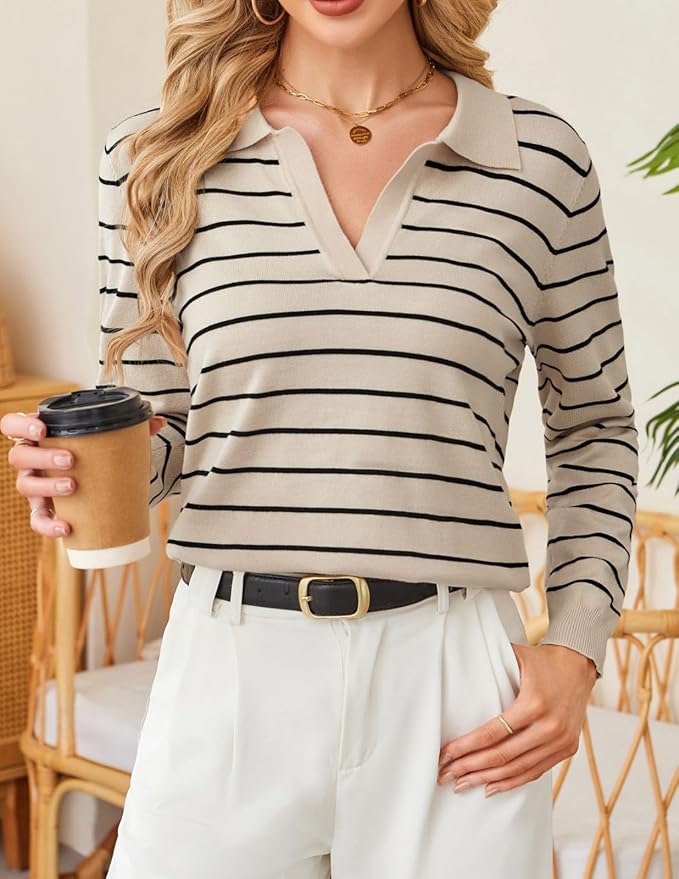 Women's Long Sleeve Classic V Neck Casual Fall Winter Polo Sweater Tops | Basic Collared Knitted Fashion Work Business Formal Daily Wear Versatile Pullover Shirts