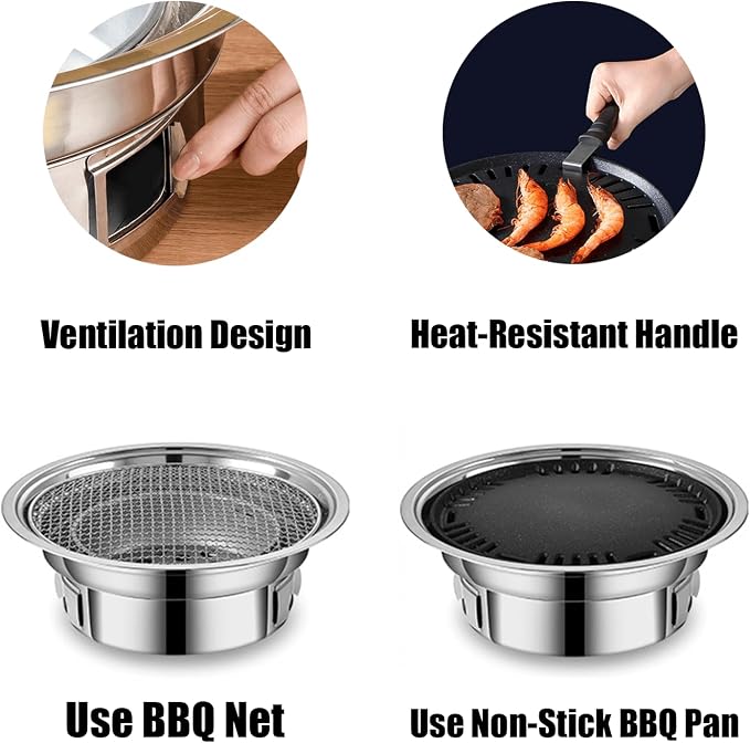 Portable Korean Style Stainless-Steel Barbecue Grill, Charcoal BBQ Round Grill Stove for Outdoor Camping, Picnicking & Parties 1~4 People, 13.8" DIA