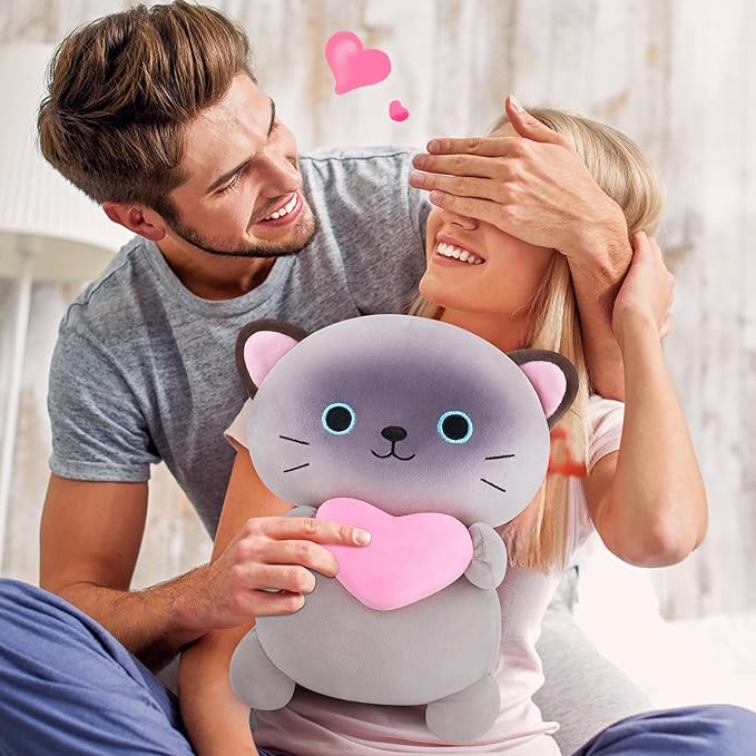 Achwishap Cat Stuffed Animal,Siamese Cat Plush with Love Heart,14” Siamese Cats Plush Toys,Cute Plushies Soft Cats Plushy Kawaii Plushie Huggging Pillow,Cuddly Animal Body Pillow for Kids Adults(Gray)