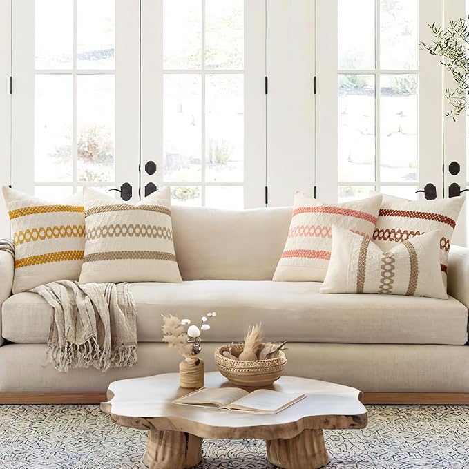 MIULEE Set of 2 Mustard Yellow Boho Decorative Pillow Covers 16x16 Inch | Fall, Boho Farmhouse Modern Couch Throw Pillows, Cotton Cushion Covers, Macrame Woven Home Decor for Bed Sofa Chair
