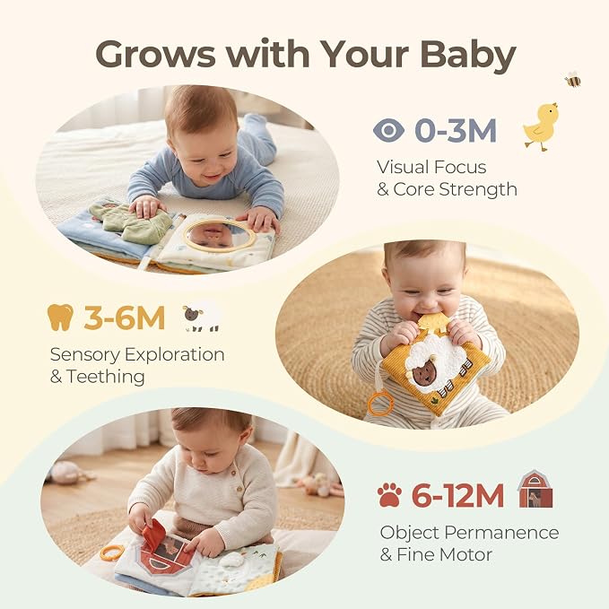 let's make Soft Baby Book for 0-12 Months, Crinkle Sensory Cloth Book with Teether, Mirror, Squeaker and C Clip, Farm Story Tummy Time Stroller Toy
