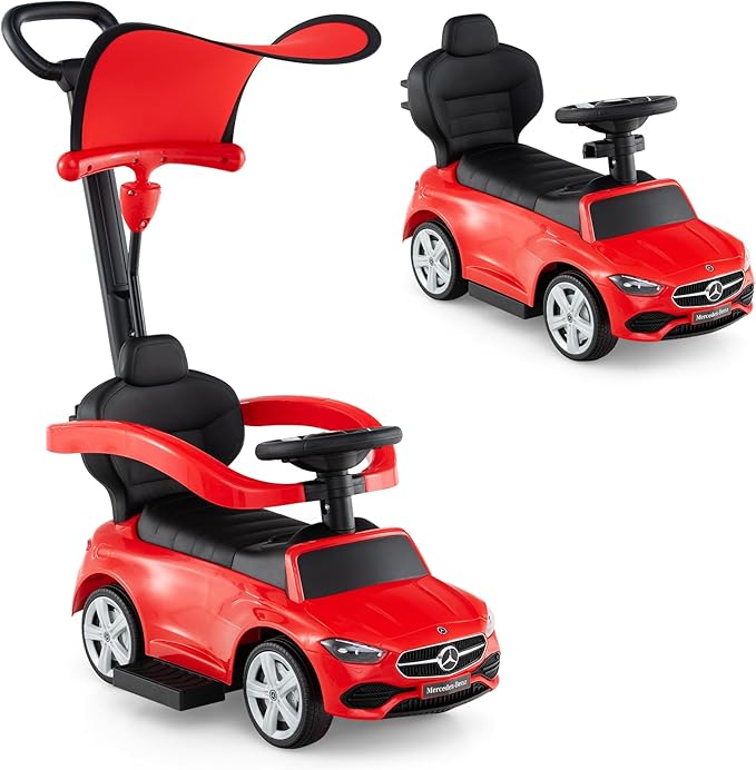 Licensed Mercedes Benz Push Car for Toddlers by INFANS, 3 in 1 Sliding Walking Car with Push Handle, Horn, Music, Underneath Storage, Foot-to-Floor Ride on Toys for Boys Girls, Red