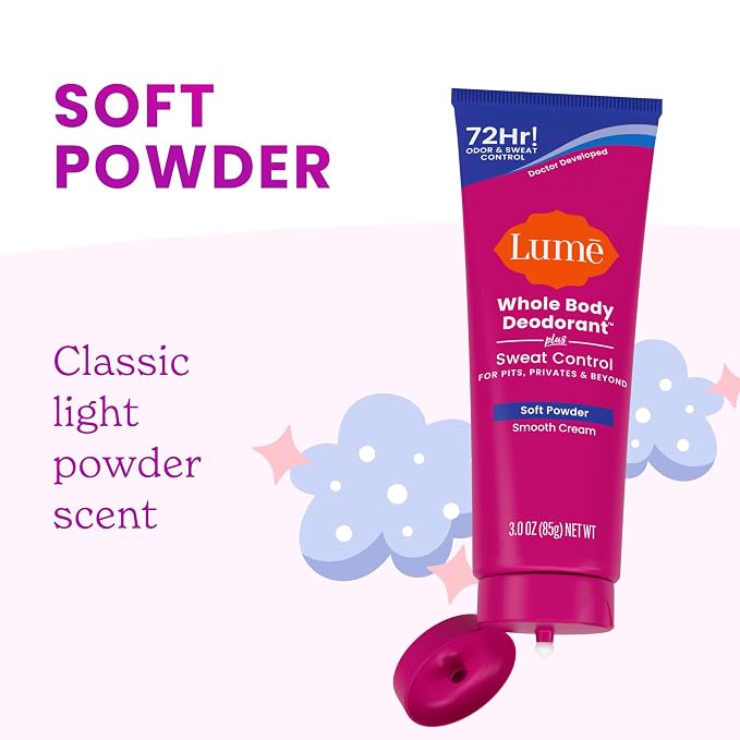 Lume Whole Body Deodorant Plus Sweat Control - Smooth Cream Tube - 72 Hour Odor And Sweat Control - Baking Soda Free, Skin Loving - 3.0 ounce (Soft Powder)