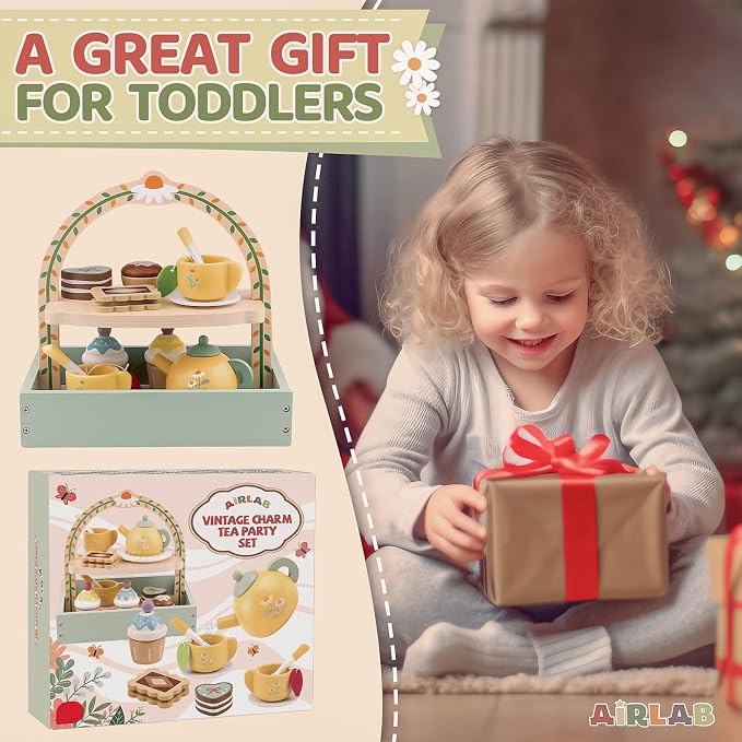 Wooden Tea Sets for Little Girls Play Food Cake Toys Toddlers 3-5 Kitchen Accessories Pretend Play Princess Playset for 3 4 5 6 Year Old Girl Boy Party Birthday Gift