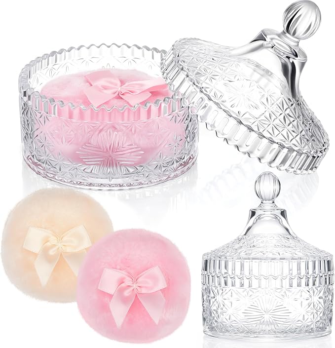 Tioncy 3 Pcs Large Body Powder Puff and Container Valentine's Day gift Powder Container with Puff Crystal Case Soft Washable Reusable Velour Face Body Glitter Wet Dry Makeup(Vintage Embossed,Clear)